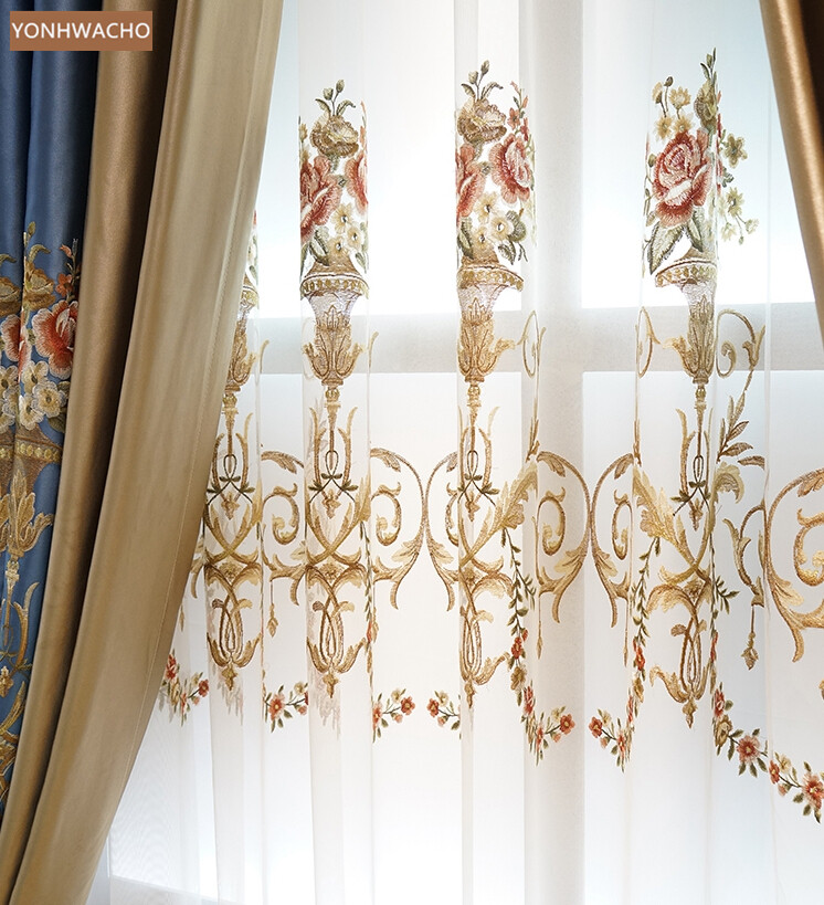 high-precision embroidered blue cloth curtain valance tulle drapery C762