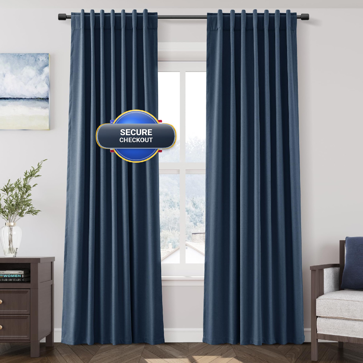 Nanspring Denim Blue 100 Linen Curtains 84 Inch Length 2 Panels Set For Bedroom