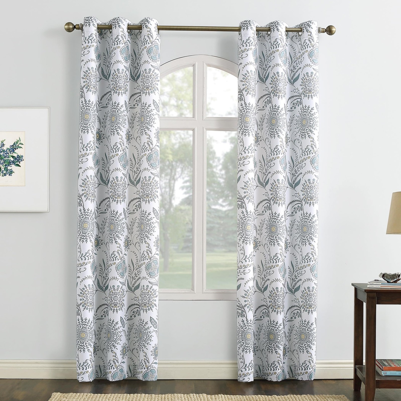 Janelle Medallion Floral Semi-Sheer Grommet Curtain Panel, 40″ x 84, White