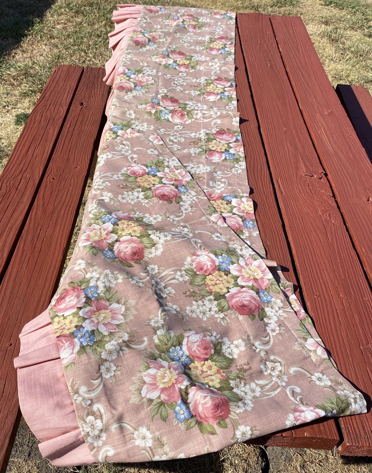Roses Valance Ruffled Poly/Cotton Floral Shabby Chic Layers Linen Look 120” VGC