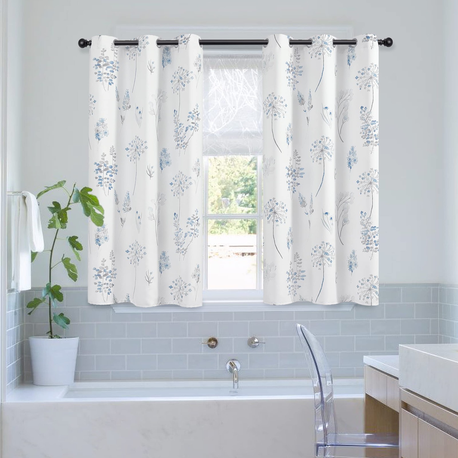 Light Blue Curtains 45 Inch Length for Bathroom Small Window,Print Watercolor…