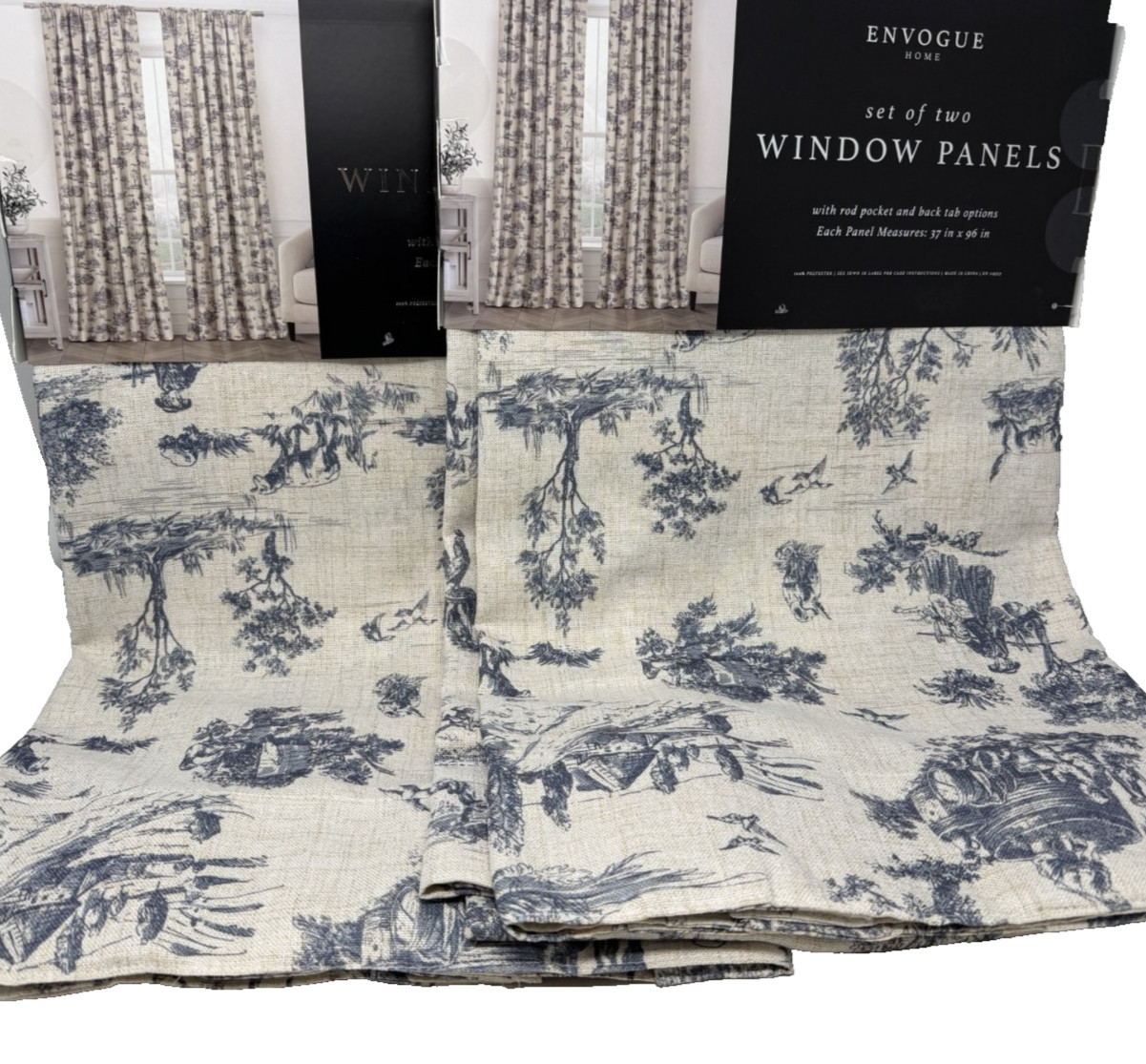 New Envogue French Country Toile Cottage Drapes Curtains 37″ x 96′ Set of 4
