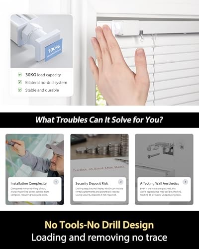 No Tools No Drill Cordless Mini Blinds, 100% Privacy L 45″ W × 64″ H White