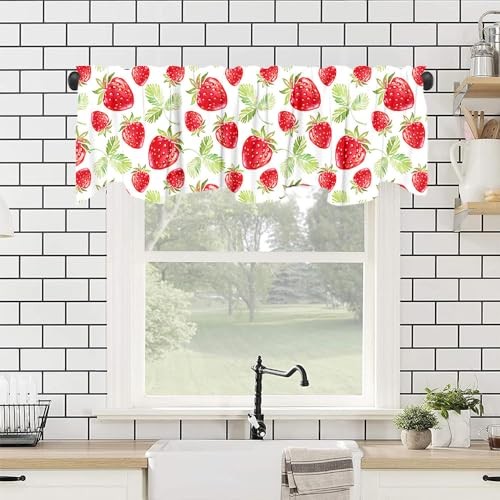 Red Strawberry Window Treatment Valance Summer Fruit Strawberry Window