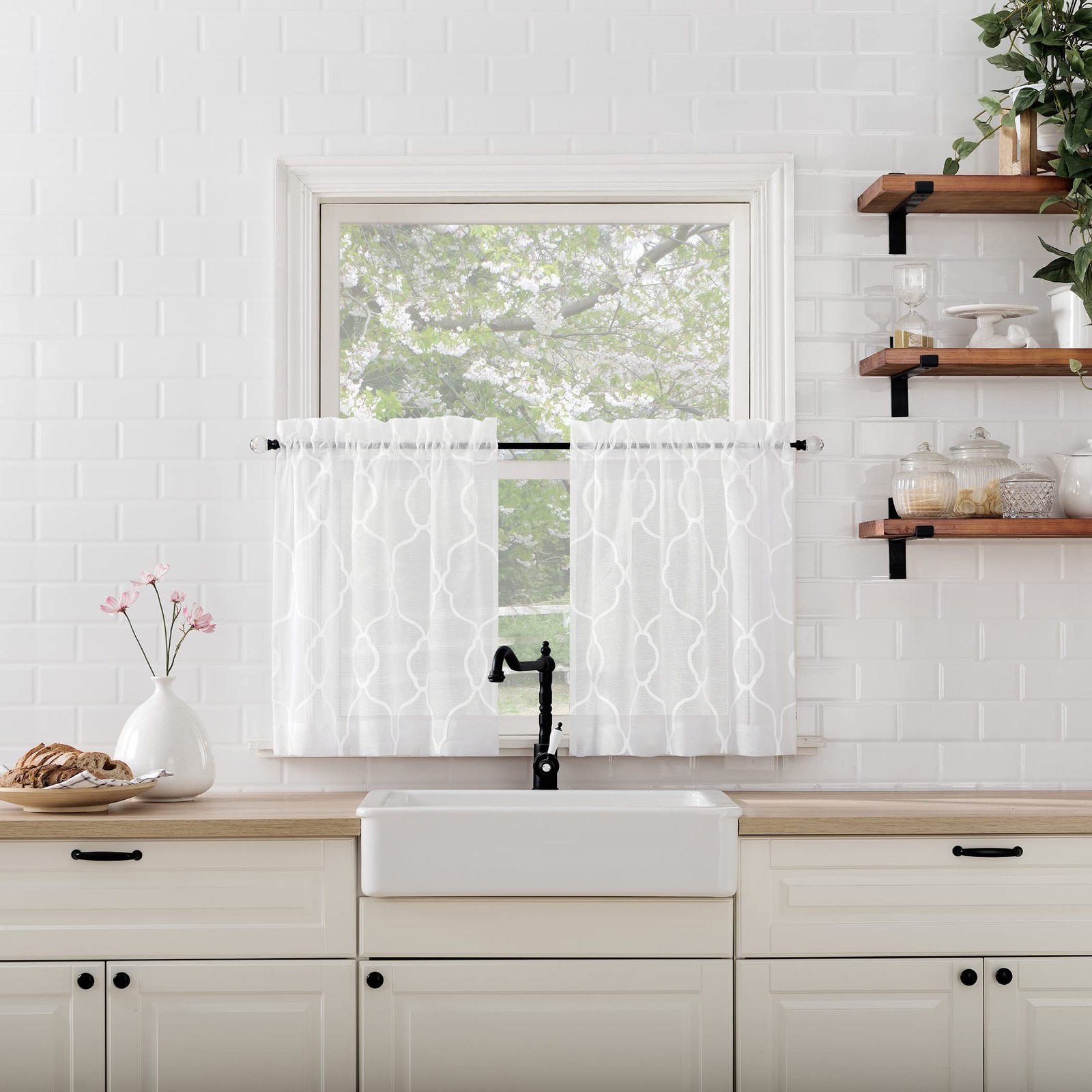 Allerton Embroidered Trellis Semi-Sheer Rod Pocket Kitchen Curtain Valance an…
