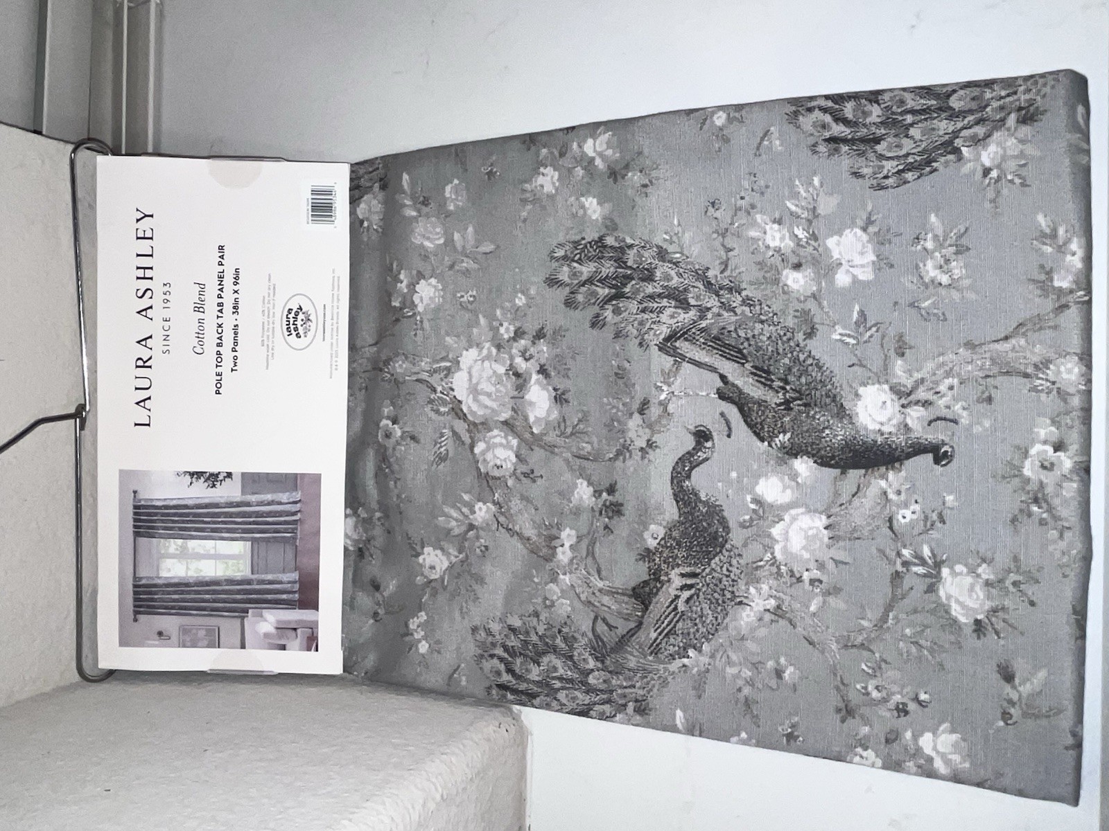 NWT LAURA ASHLEY GRAY PEACOCK AND FLORAL DESIGN CURTAINS/DRAPES SIZE 38”x 96”