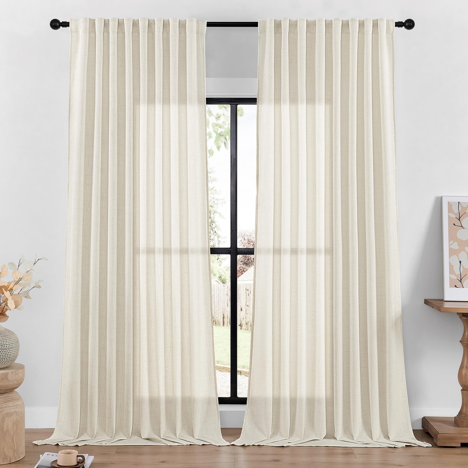 Daysu Linen Curtains – 108 Inch Long 2 Panel Set Bedroom/Living Room Ivory Semi