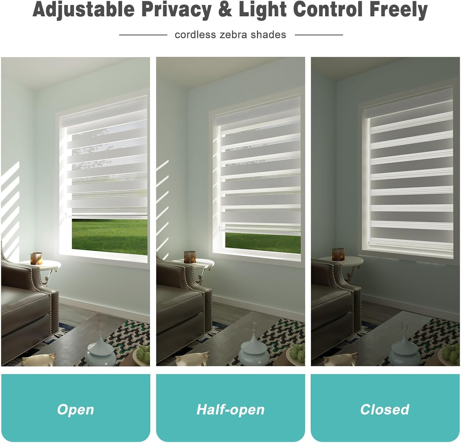 Cordless Zebra Blinds for Windows, Modern Dual Layer Zebra Blinds with Light Fil