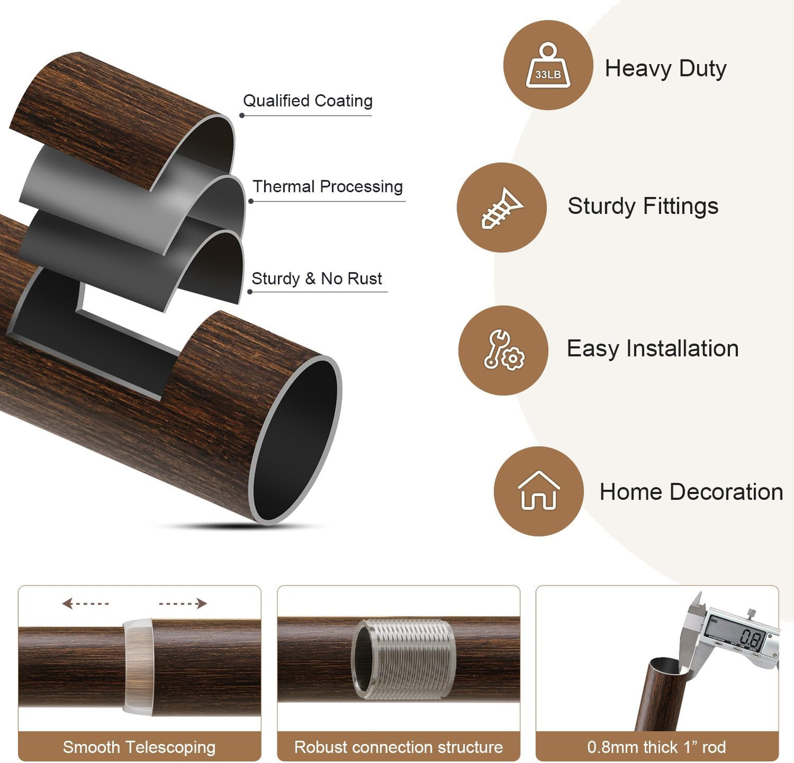 Deep Walnut Wood Curtain Rods 28 to 48 Inches Adjustable Heavy Duty Window