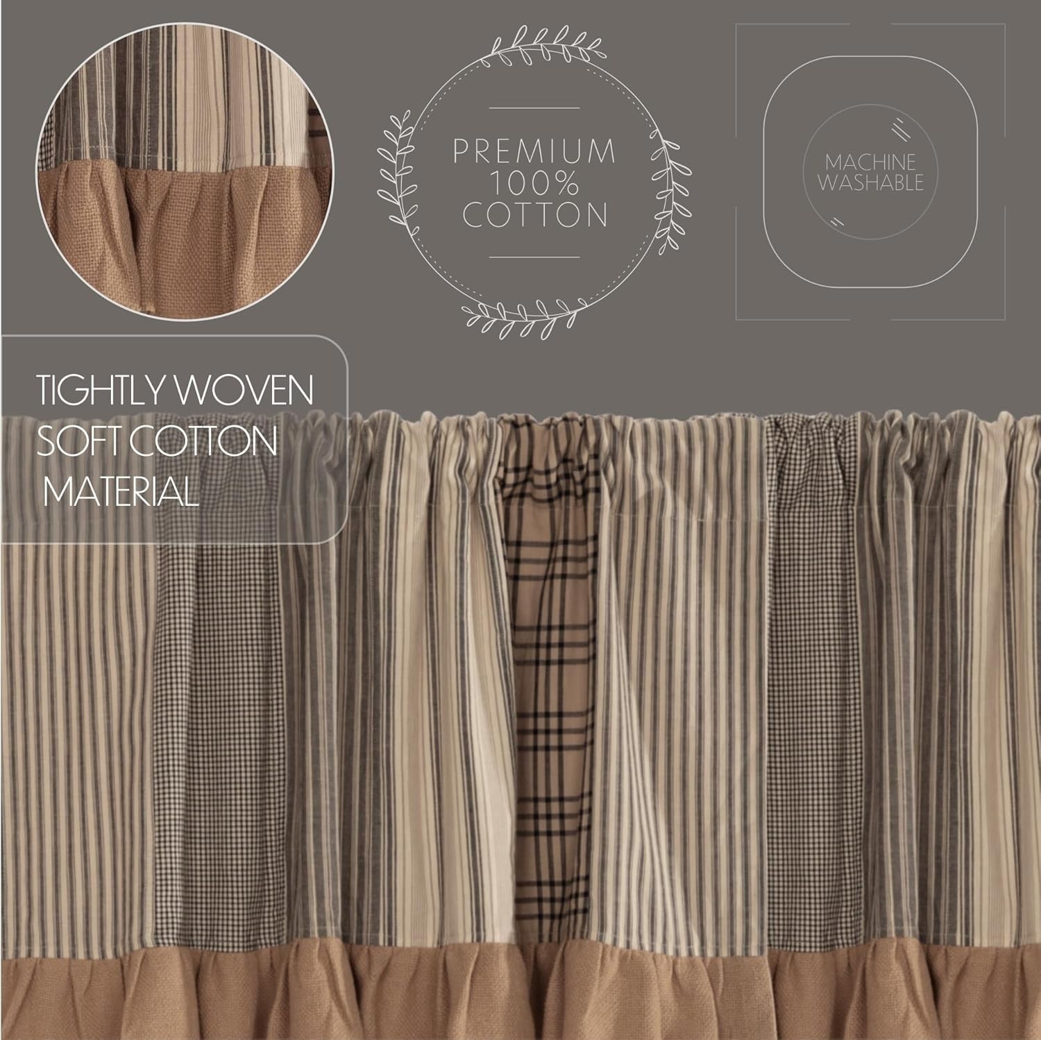 VHC Brands Patchwork Lined Valance 19″x72″ Sawyer Mill Charcoal
