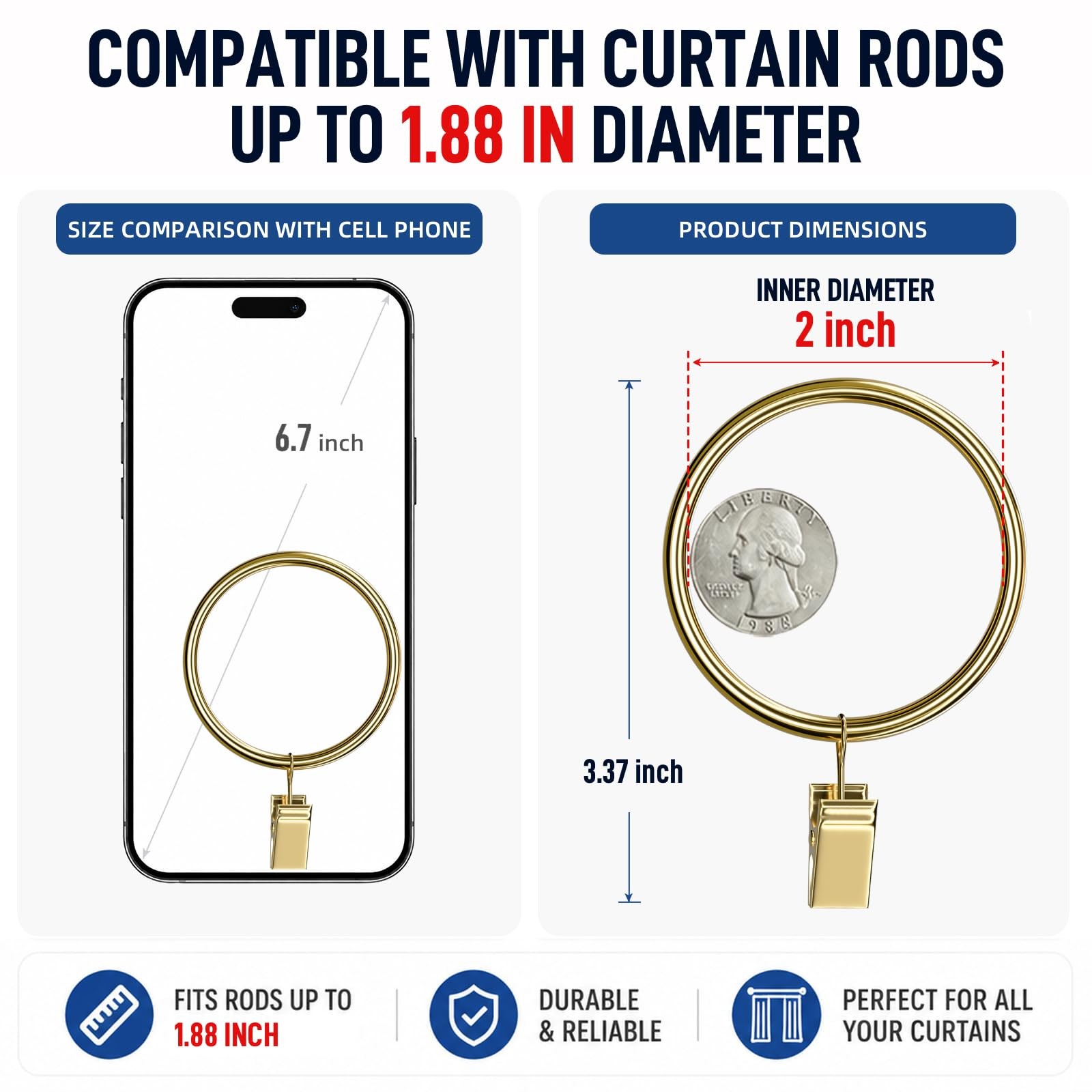 44 Pack Curtain Rings with Clips Hooks 2 in Diameter Rustproof