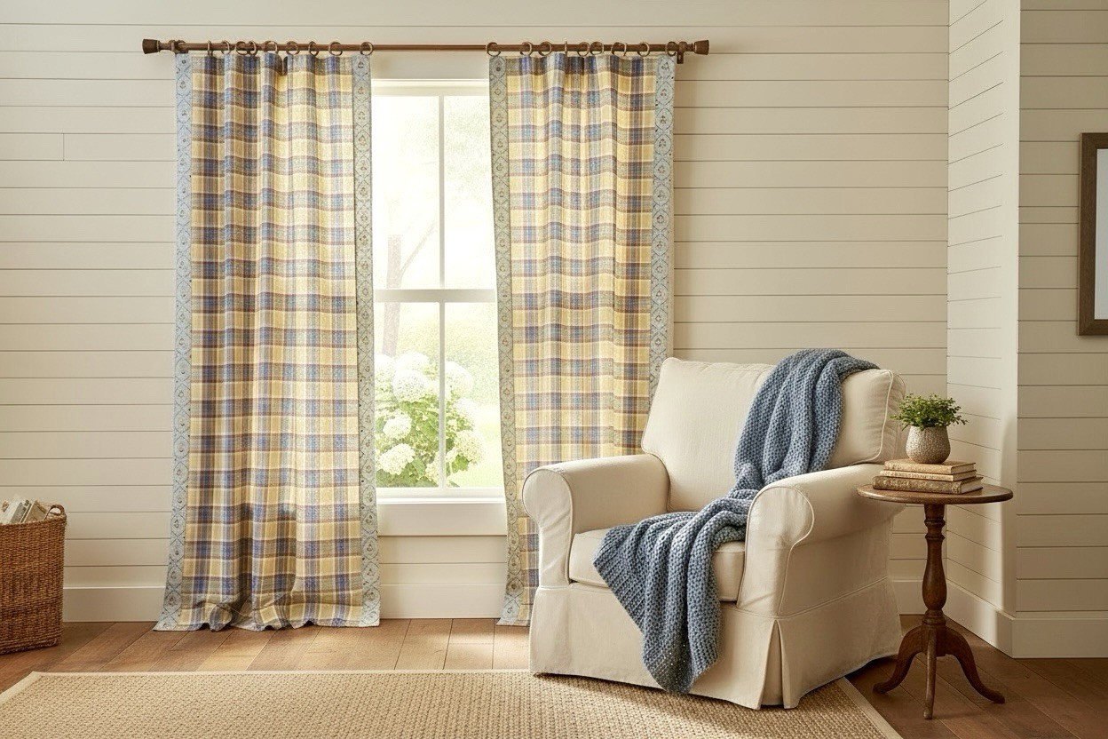 Custom Drapery Panels Yellow Red Blue Farmhouse Plaid Floral Pair + Wood Rings