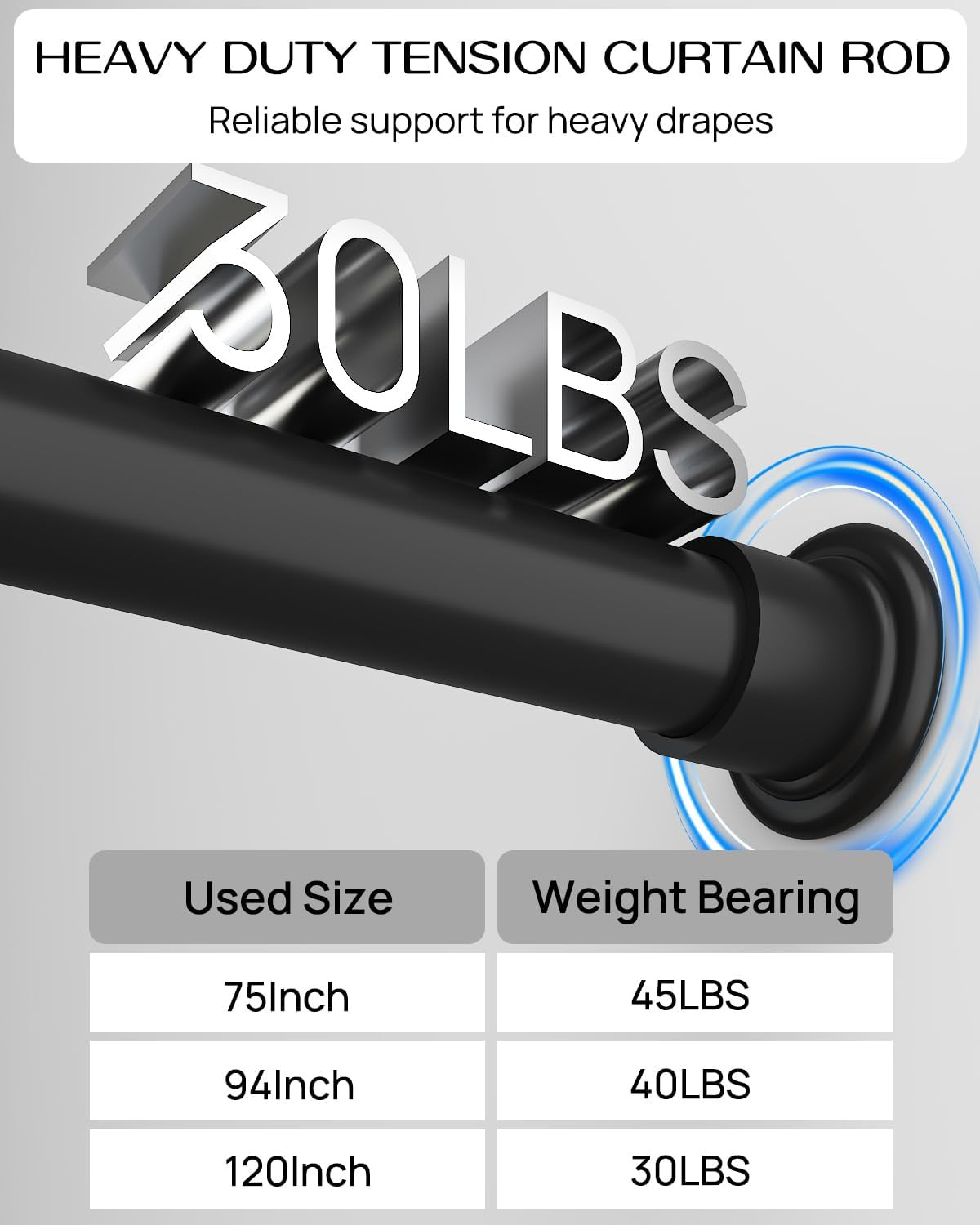 Heavy Duty Adjustable Tension Curtain Rod, 42-123 Inches, No Drill, Black