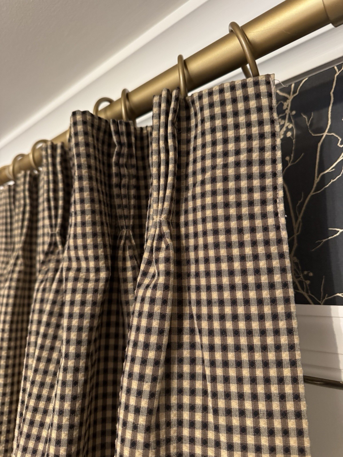 Custom Drapes Black Tan Gingham Pinch Pleat Lined Pair 28×84 Curtains Side Panel