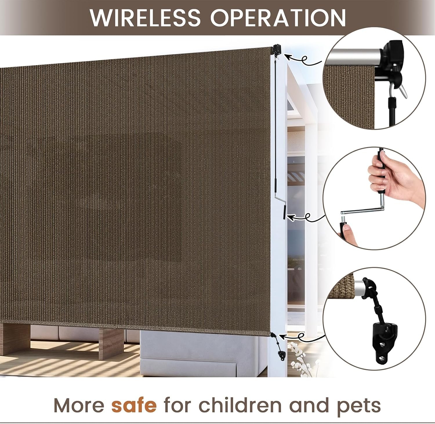 Outdoor Roller Shades for Patio, Mocha 10′ W x 8′ H Cordless Patio Shades Roll