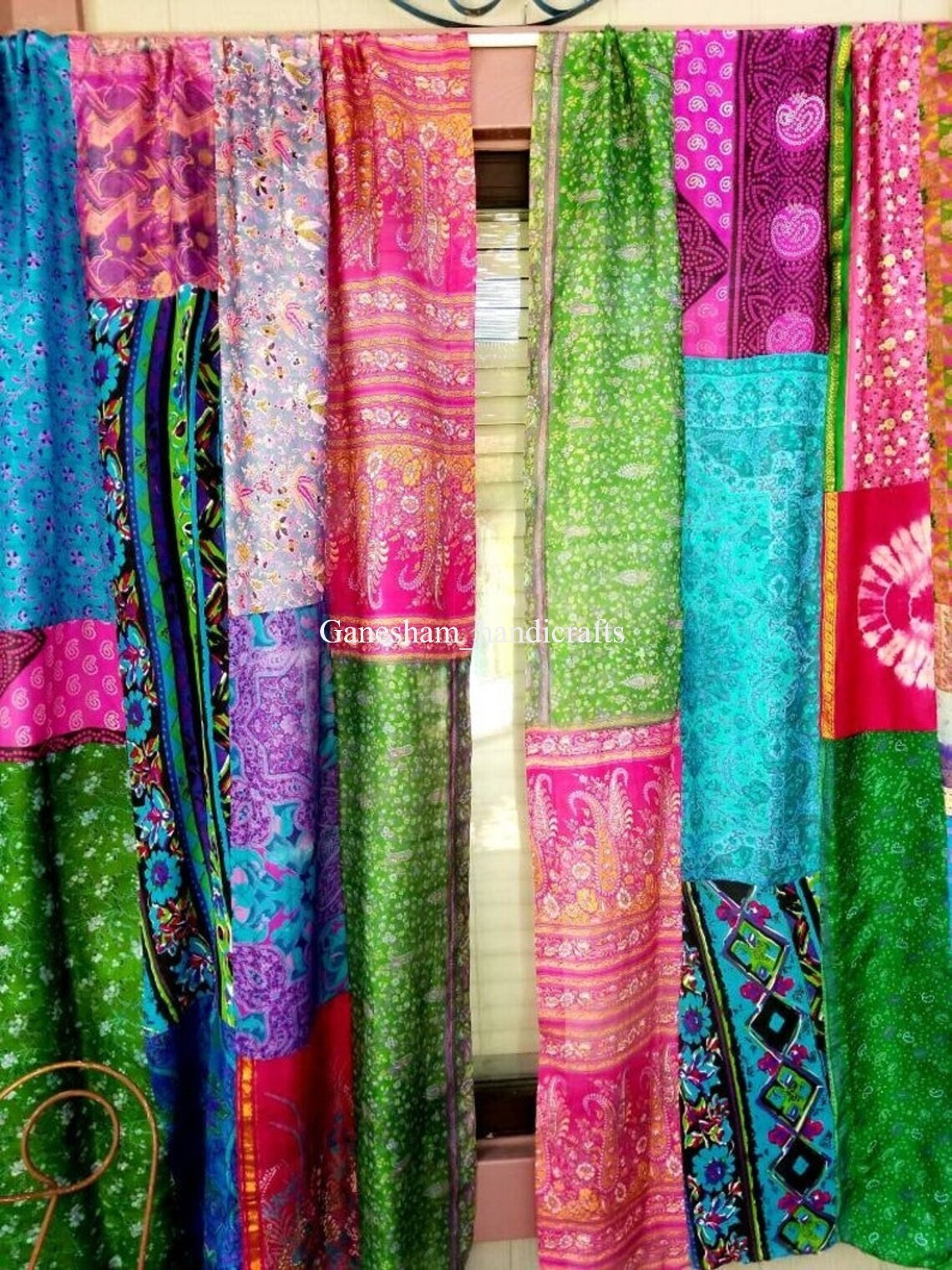 2 Pc Indian Old Recycle Silk Saree Boho Multi Curtain Door Drape Decor Curtain