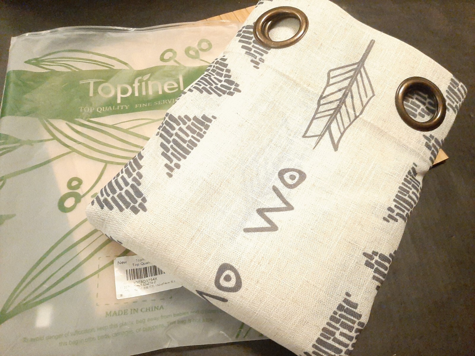Pr 52×108 TOPFINEL BOHO FLAX LINEN CURTAIN PANELS Gray , Cream Geometric Stripe