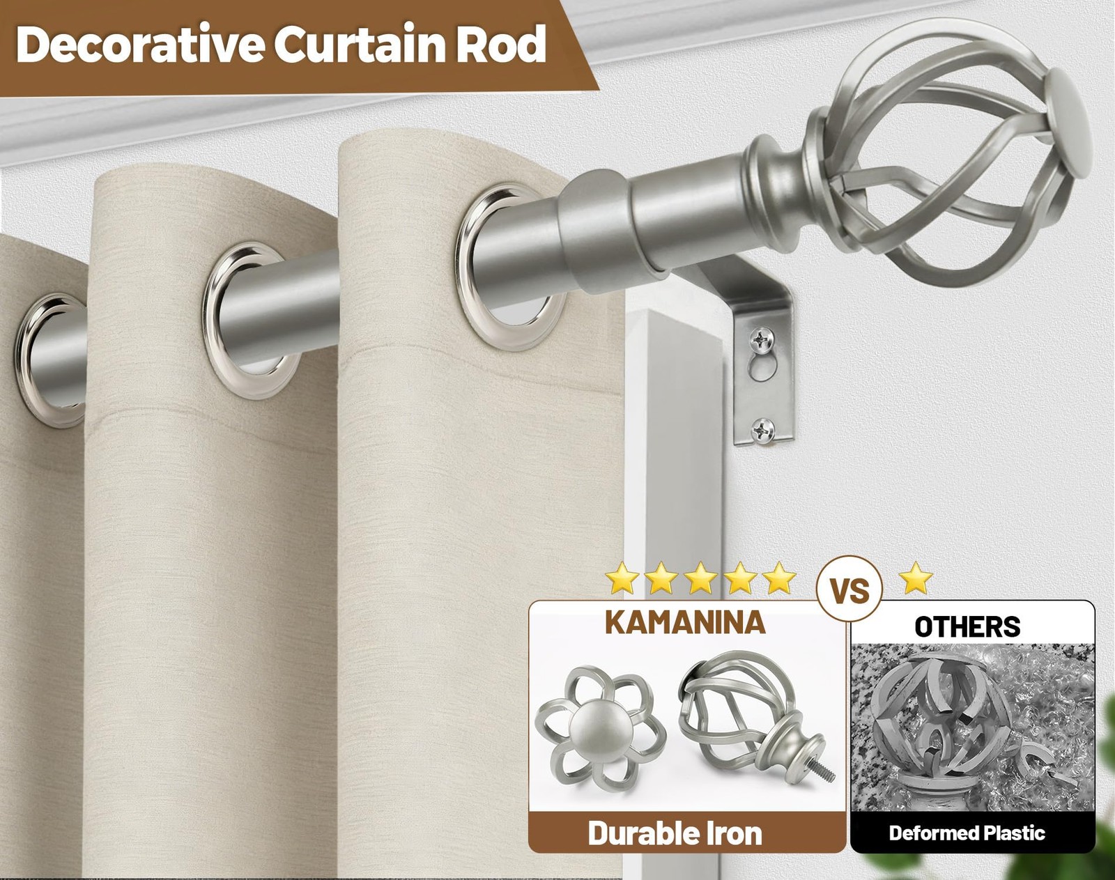 KAMANINA Antique Silver Curtain Rods for Windows 48 to 84 inch, 1 inch Adjustabl
