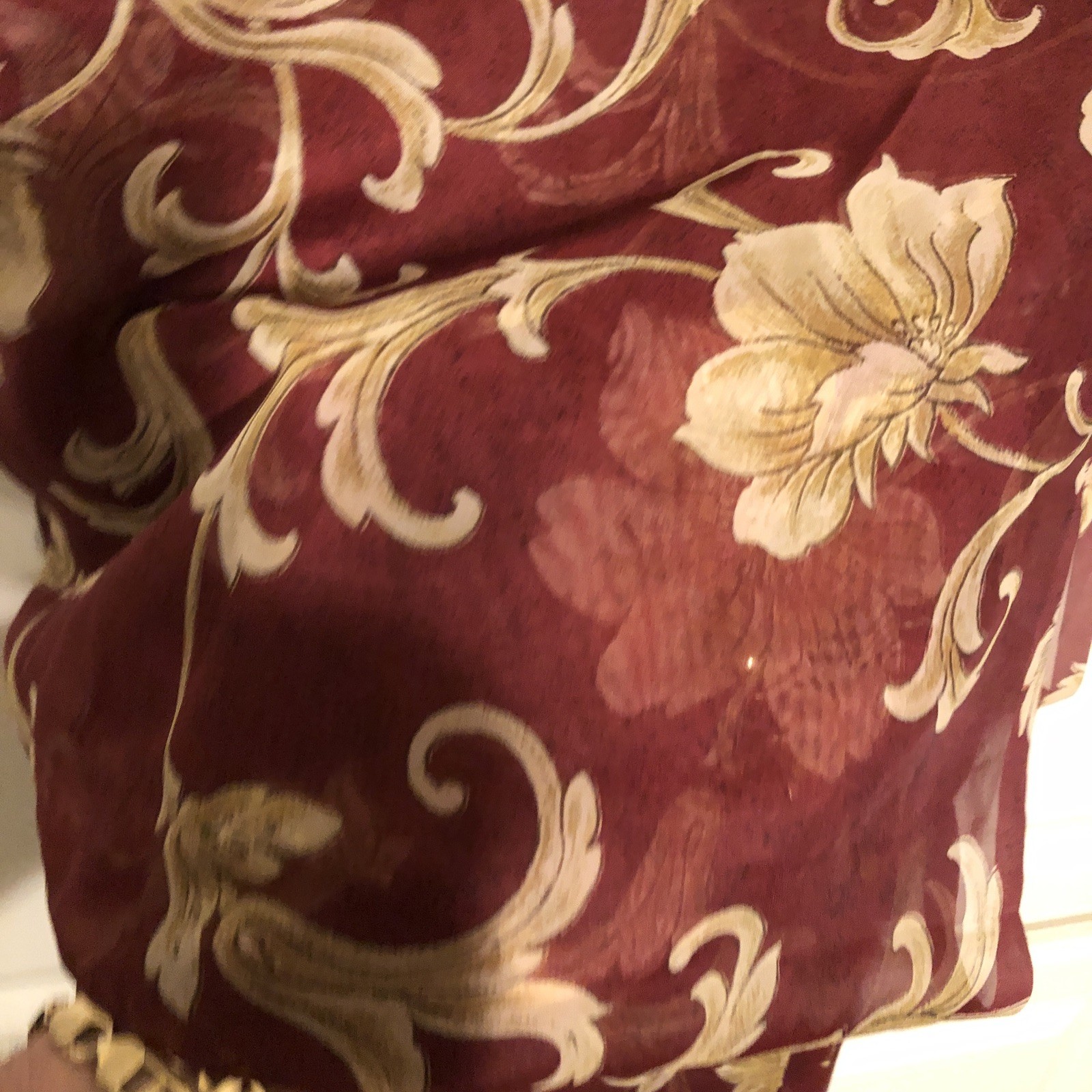 J C Penney, Burgundy Gold Window Scarf, 3″ Bullion Fringe Ends 206″L x 52″ wide