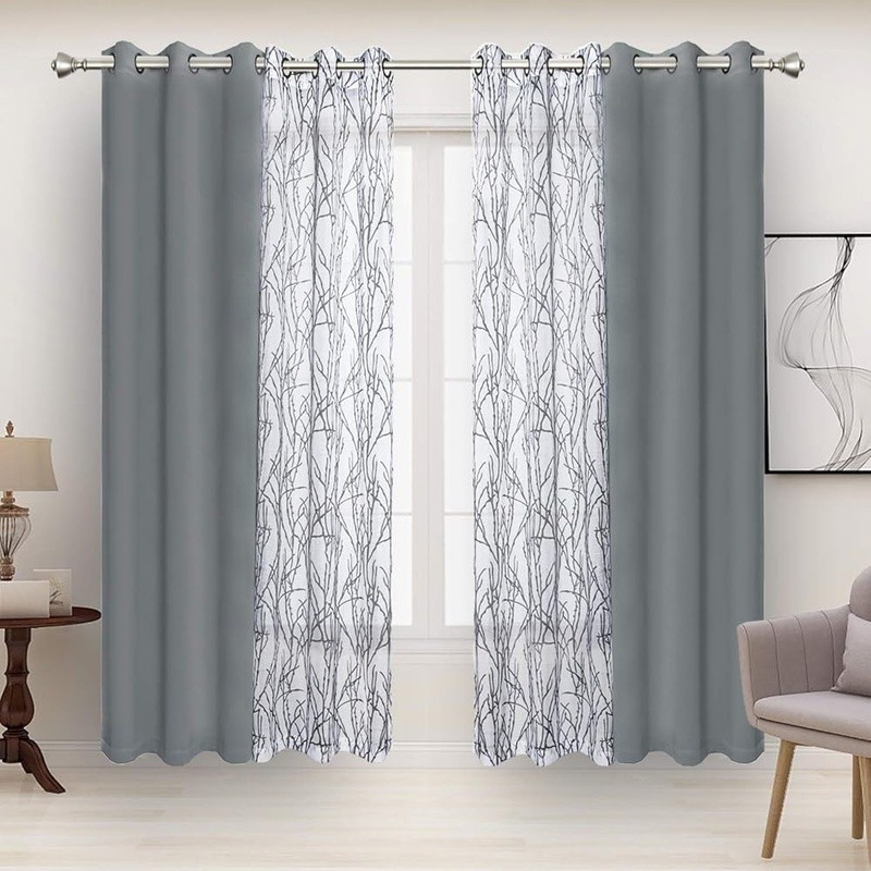 Sheer Blackout Curtain Set Branch Print Grommet Panels Room Darkening Drapes New