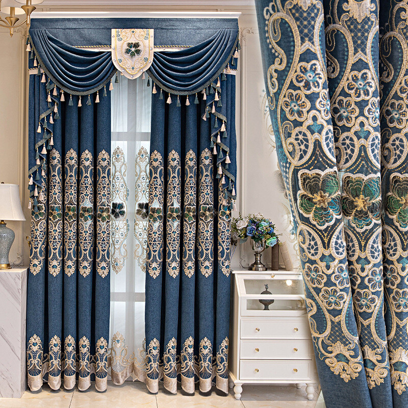 High-grade embroidery blue chenille cloth curtain tulle valance drape C1479