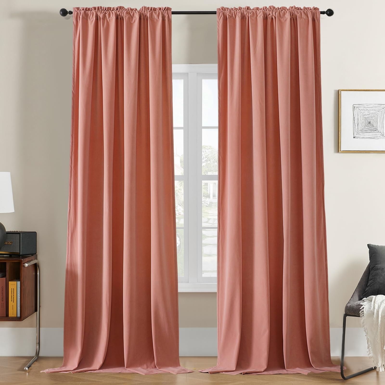 Pink Velvet Rod Pocket Curtains 52W x 96L Pack of 2 Blackout Panels