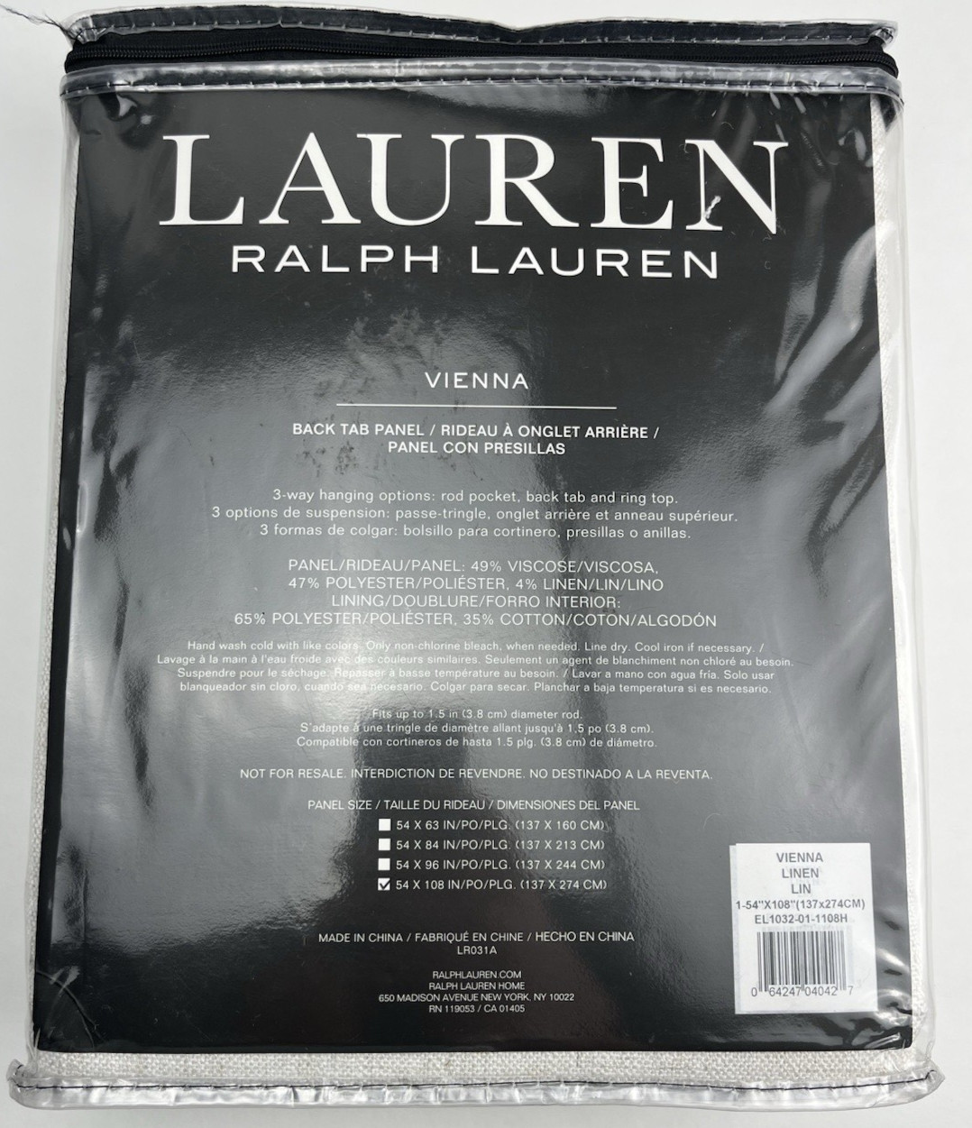 New Lauren Ralph Lauren Back Tab Curtain Panel Vienna Linen 1-54×108″ Panel