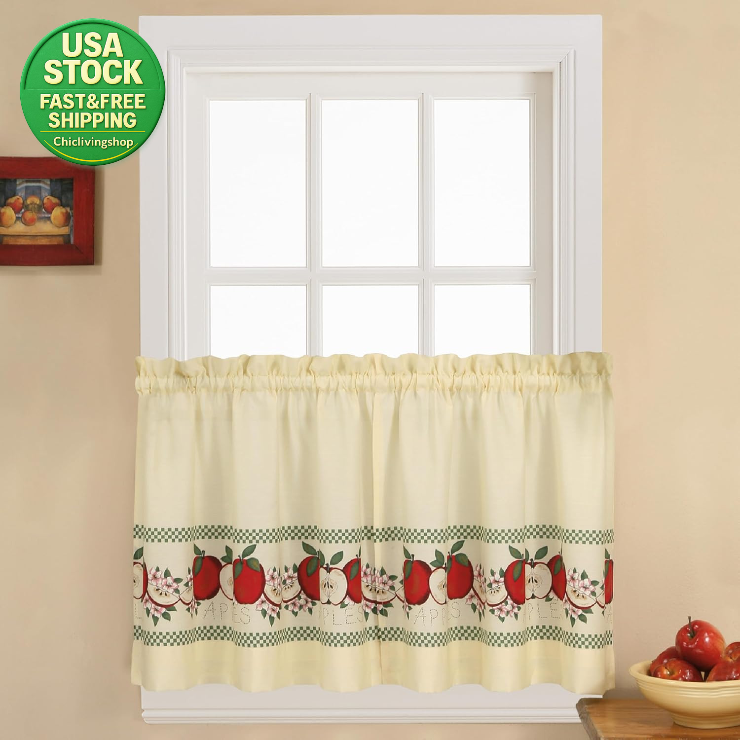 Window Curtain Tier Set Red Delicious Apples Ivory 56X24 3-Piece Lightweight