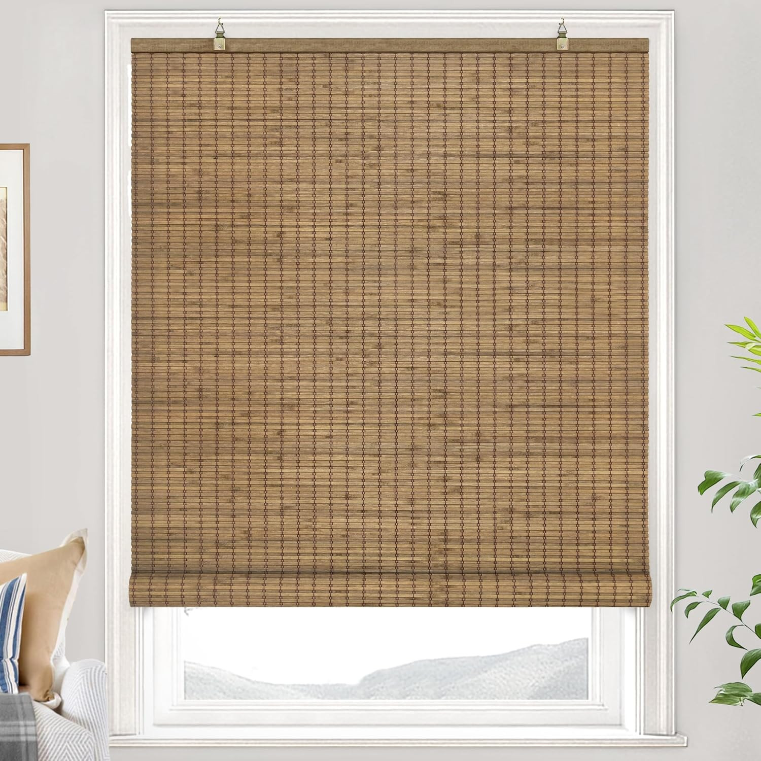 Cordless Bamboo Roll-Up Blinds for Indoor/Outdoor, 35″ W x 64″ H, Highfield Teak