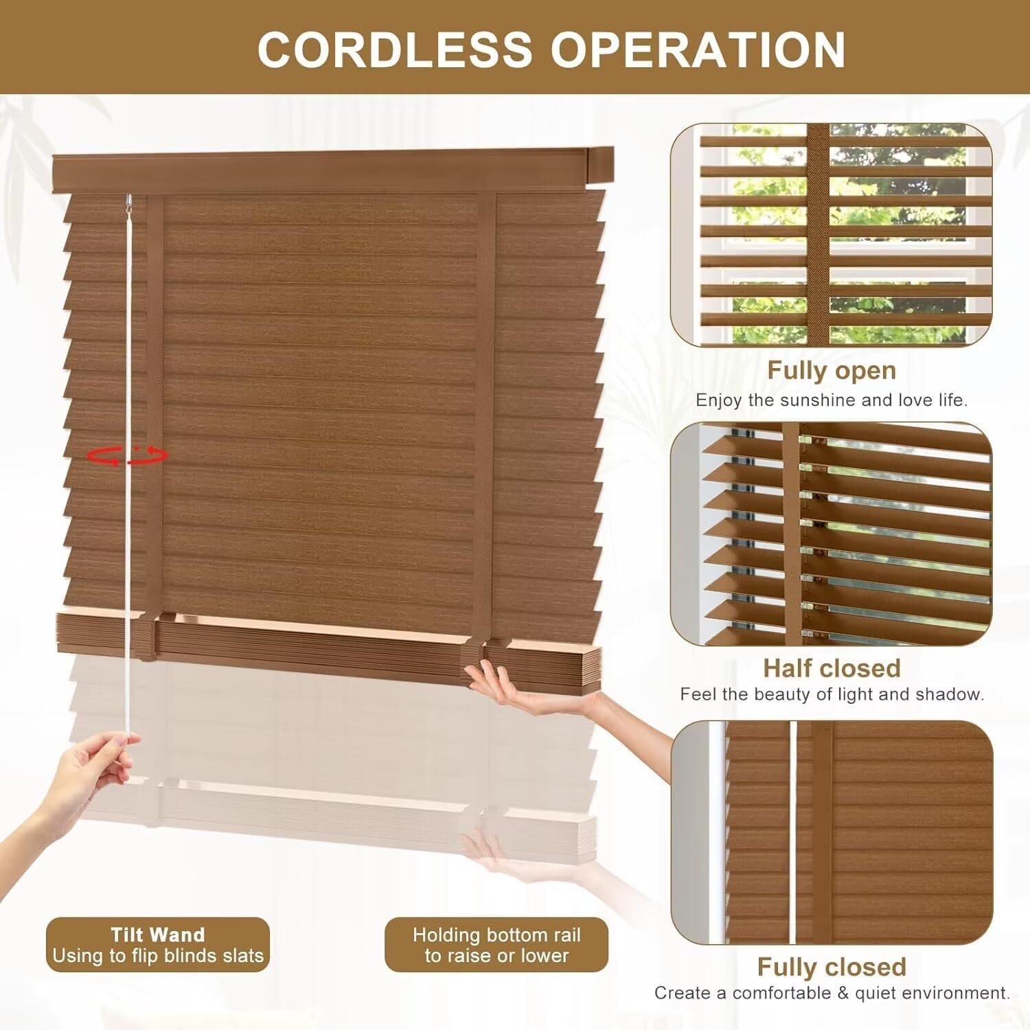 2″ Cordless Solid Wood Blinds for Indoor Window,52.5″ W x 60″ H Real Wooden