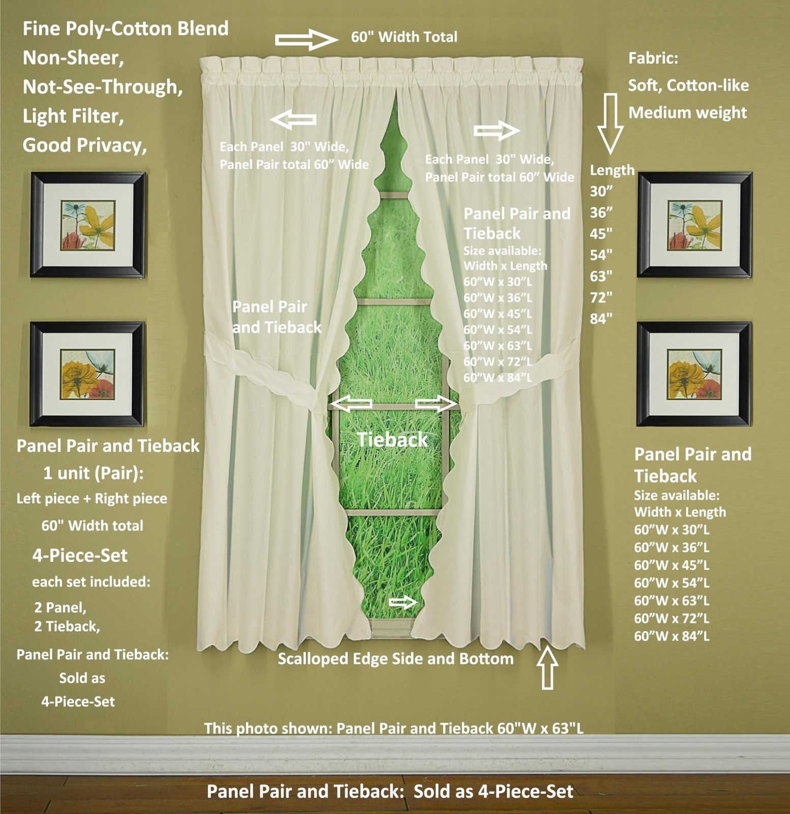 Today’s Curtain, Orleans Scallop Curtain, Ecru 63″ Panel Pair and Tieback,4Pi…