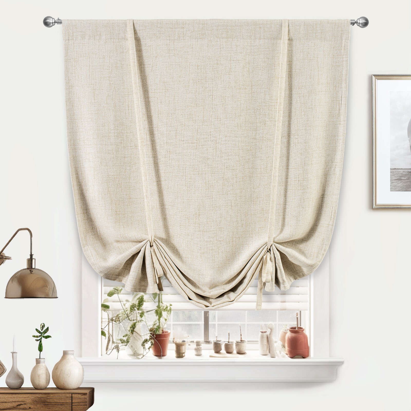 Linen Beige Tie Up Window Curtain Shade Drape Rod Pocket for Kitchen Living Room