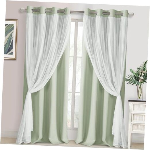Layered Curtains for Living Room Blackout and 52″W x 96″L (Pack of 2) Seafoam