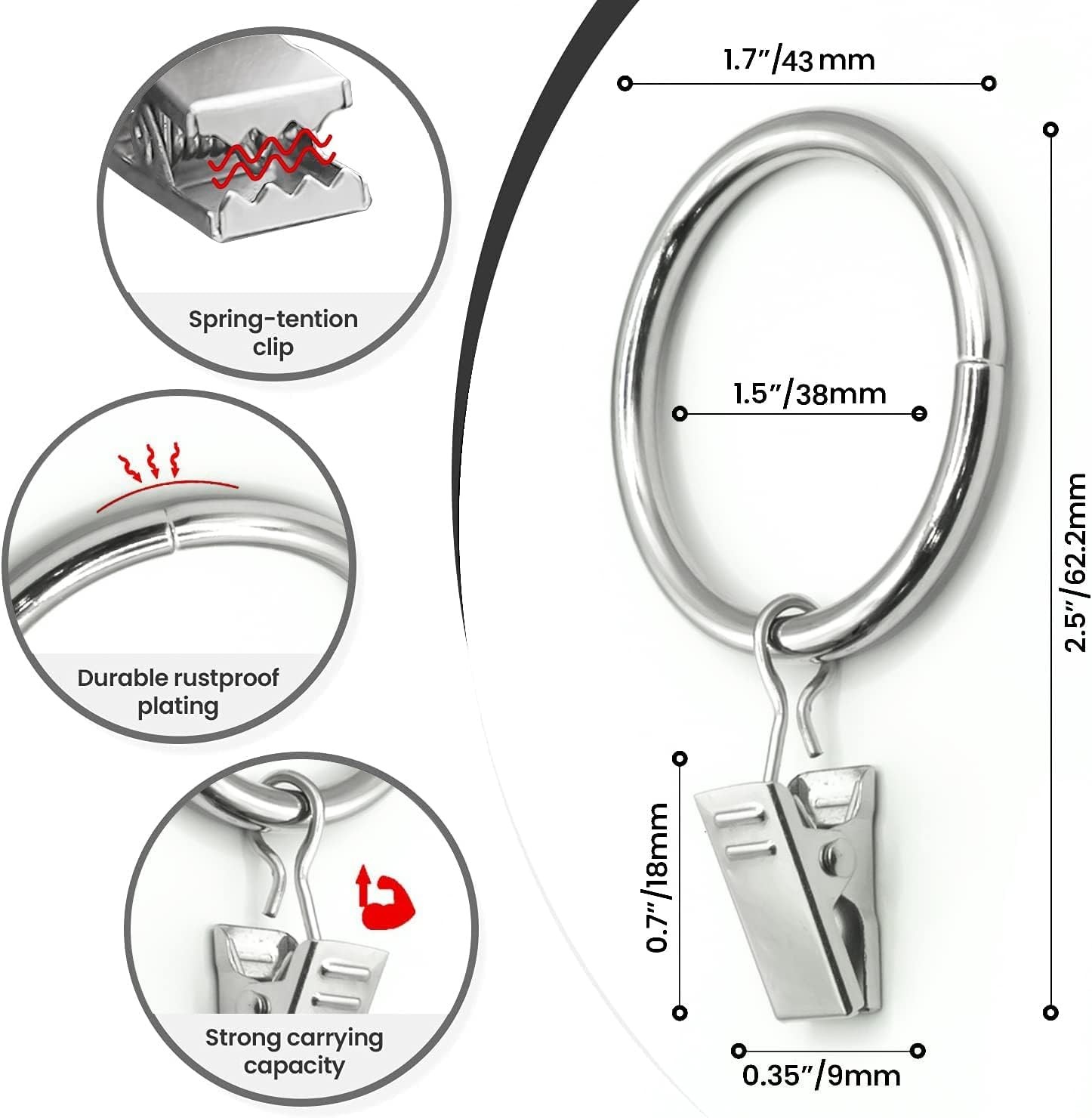 Silver Heavy Duty Curtain Rings With Clips Fits Rod Up To 1.25 In 40 PCS