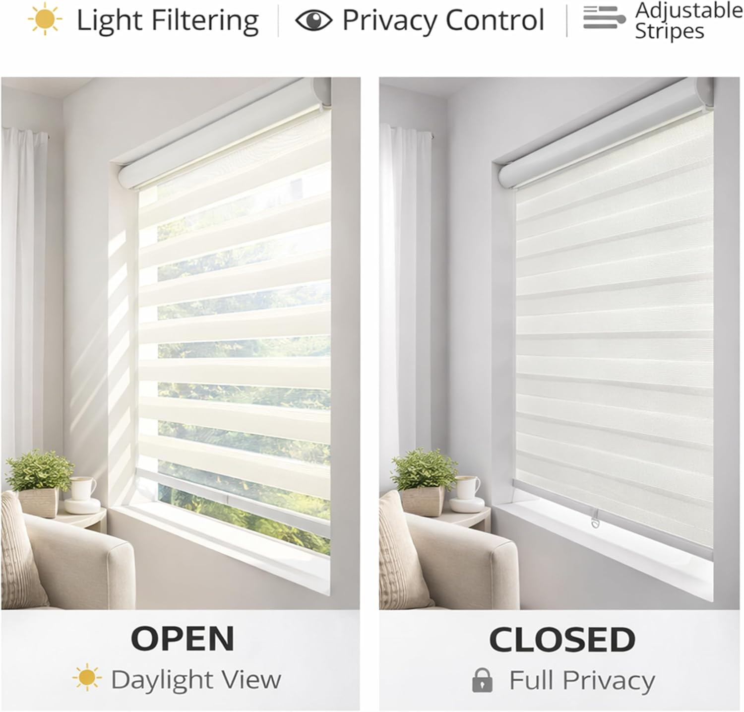 Cordless Zebra Blinds – Light Filtering Dual-Layer Window Shades for Privacy Whi