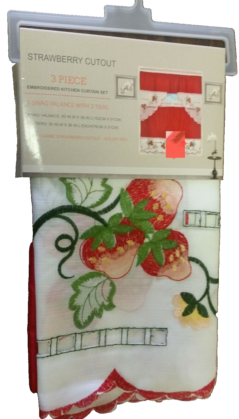 3 pc. Embroidery Curtains Set: 2 Tiers & Swag (60″x36″) STRAWBERRIES CUTOUT, JM