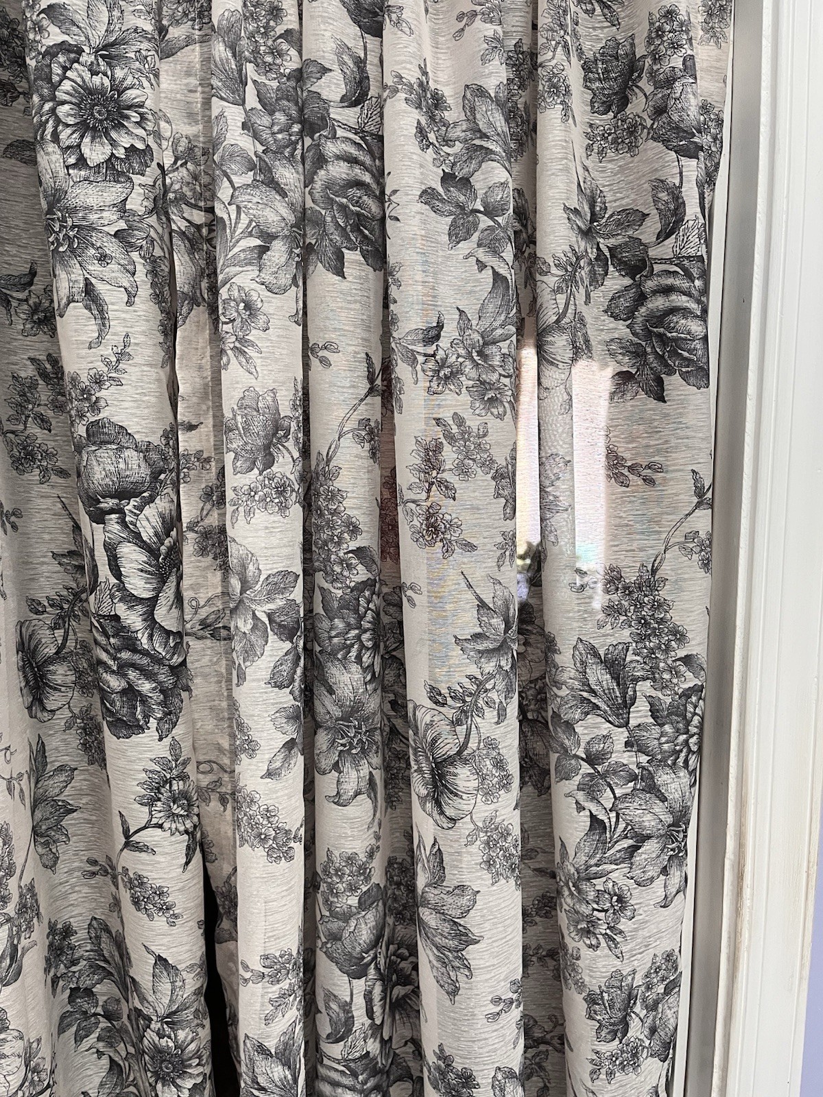 2 Sheer Toile Curtain Panels 120″ Long Beige Black Floral Country Chic