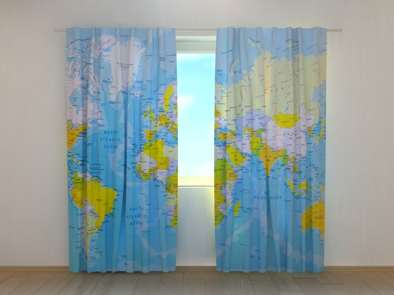3D Photo Curtain Detailed World Map For Kids By Wellmira Made to Measure
