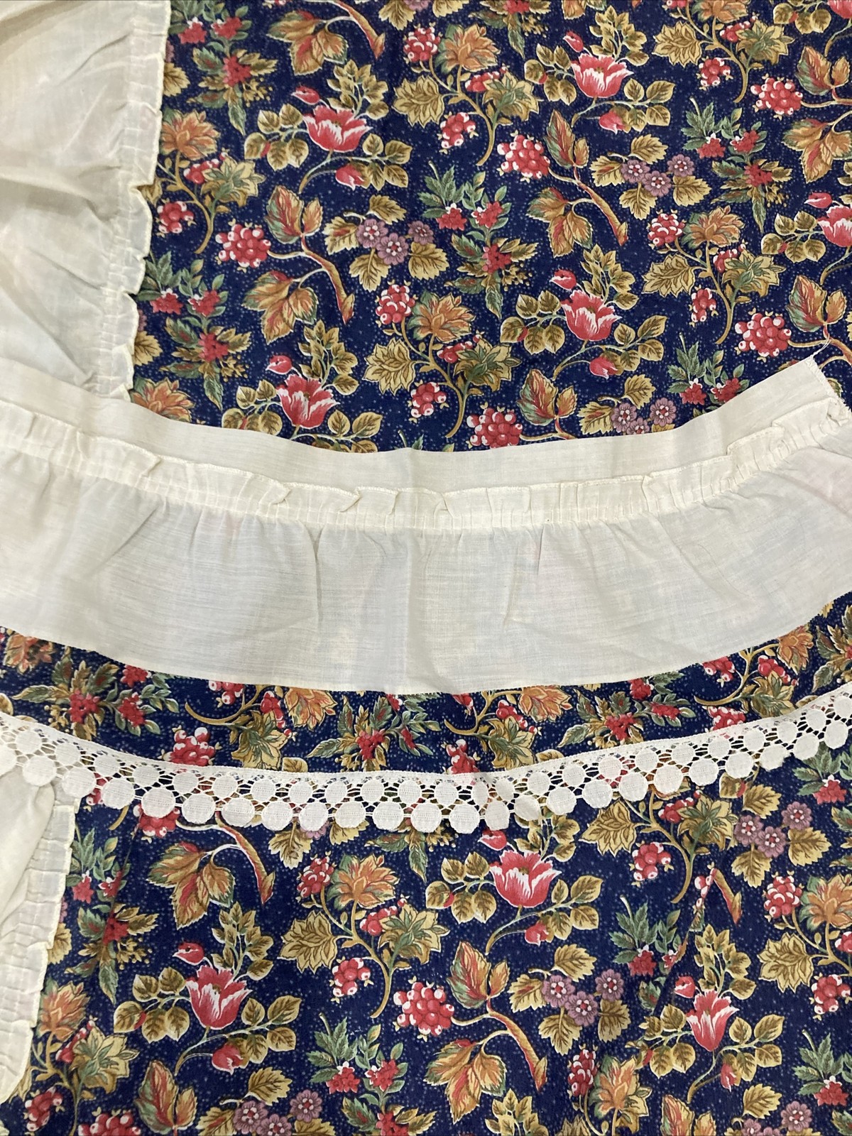 2 Pairs Attached Valances Rifled Laced Cotton Blend Floral Curtains 45”W/78”L