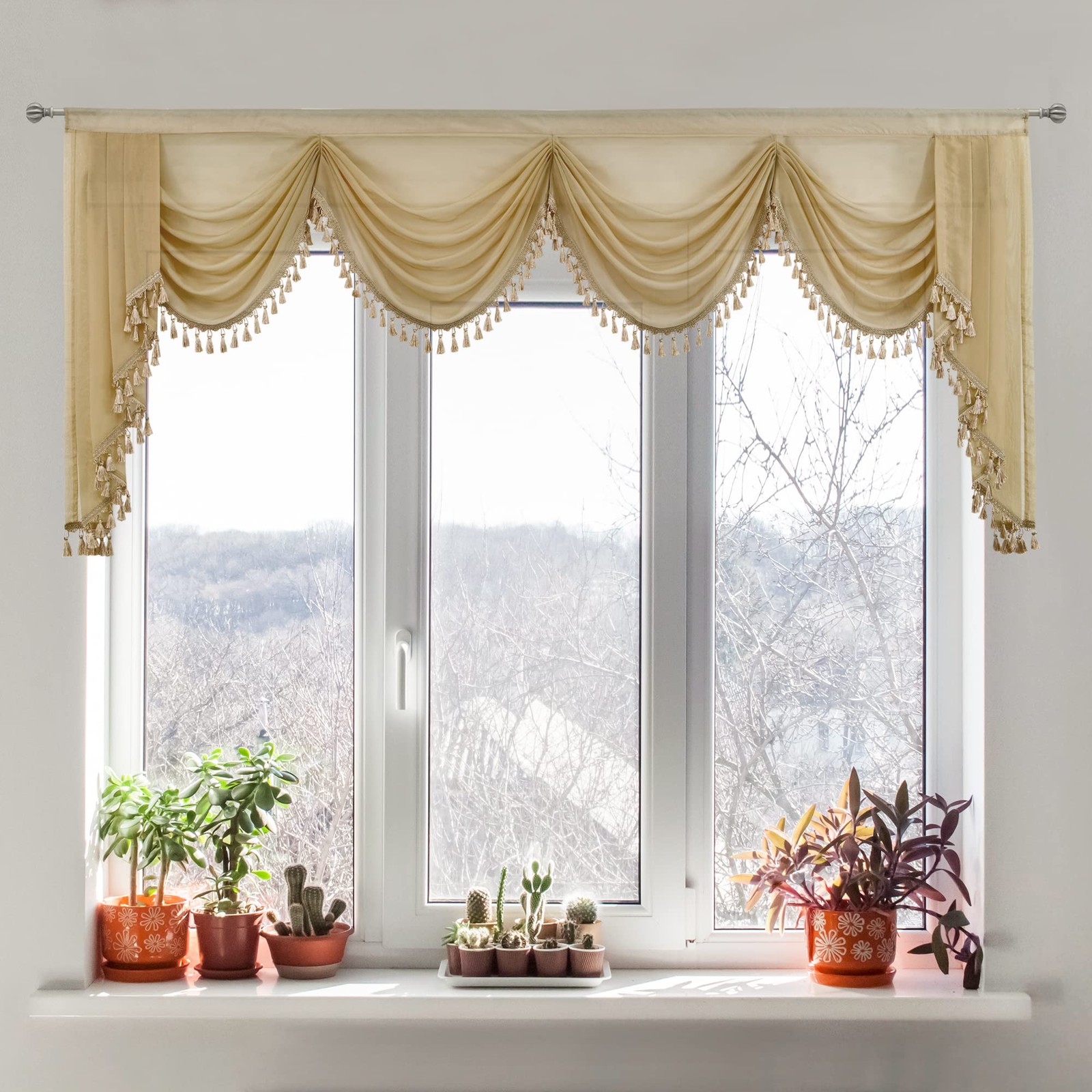 Oyring Beige Sheer Window Curtains Valance For Living Room Waterfall Swag