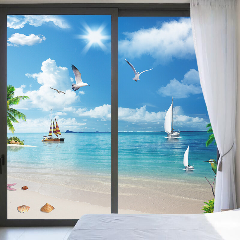 Privacy Windows Film Decoration Beautiful Beach Stained Glass Stickers Decors