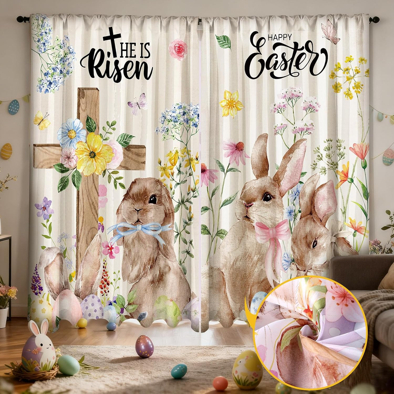 2 Pcs Easter Curtains for Living Room Rabbit Egg Cross Curtains 52 X 84 Inches E