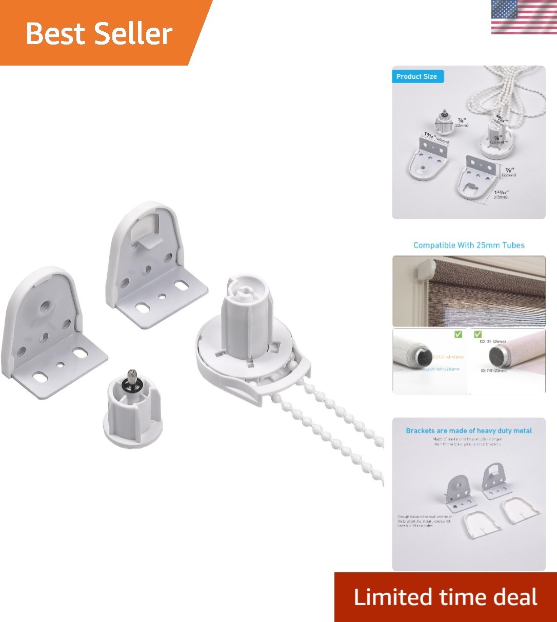 25mm Metal Bracket Upgrade Kit for Roller Blinds – Includes End Plug & More