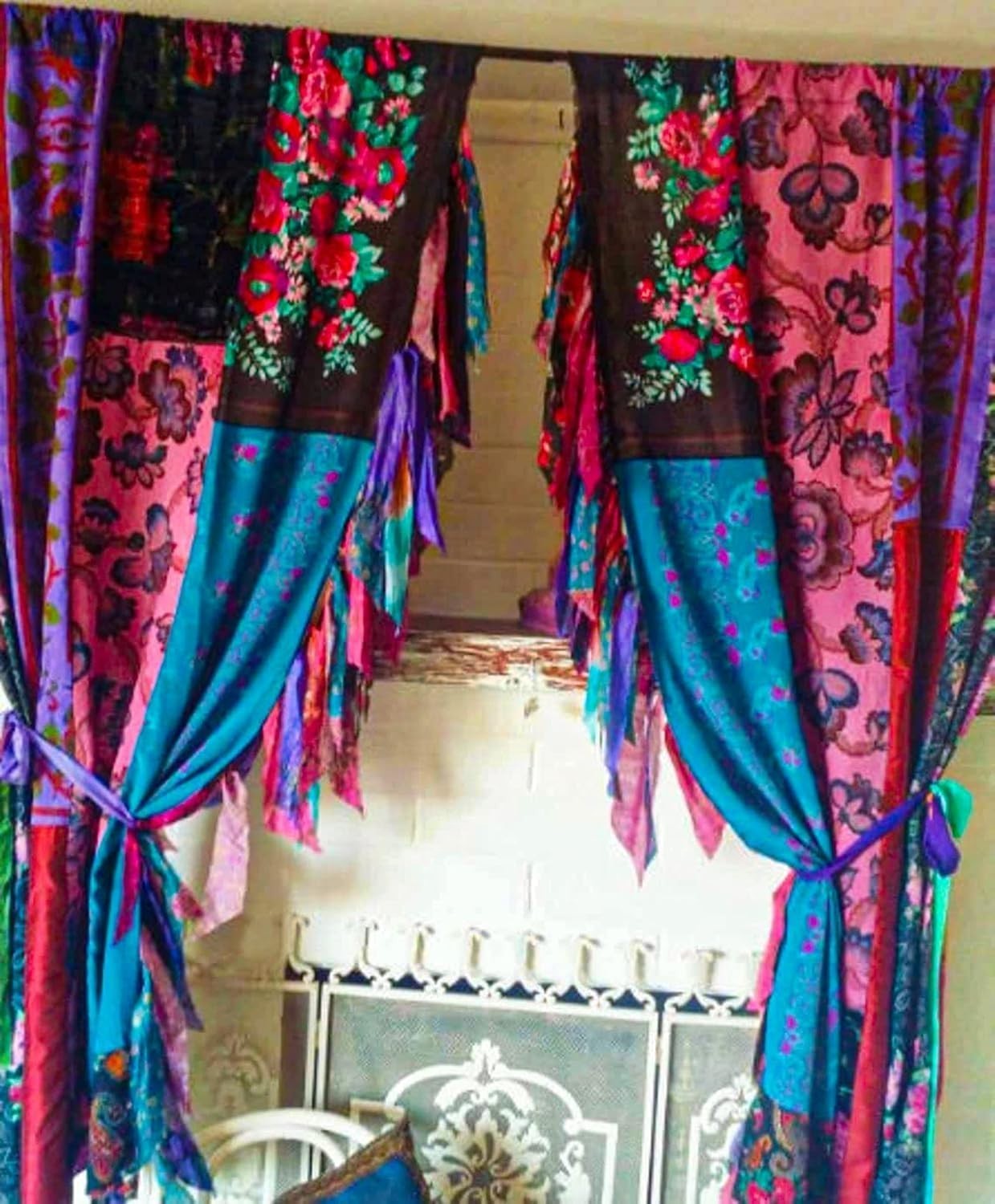 2 Pcs Indian Sari Patchwork Curtain Drape Window Decor Silk Sari Multi Curtain
