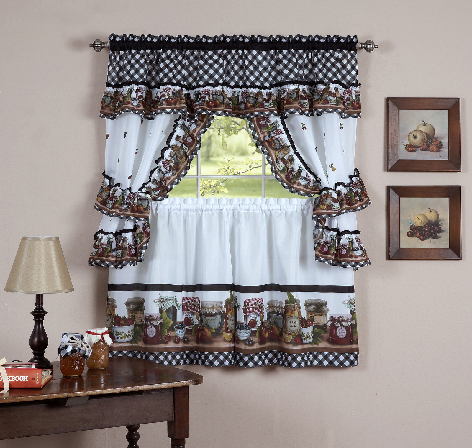 Complete Window Kitchen Cottage Curtain Set with Tier Panels, Top Swag, Tiebacks