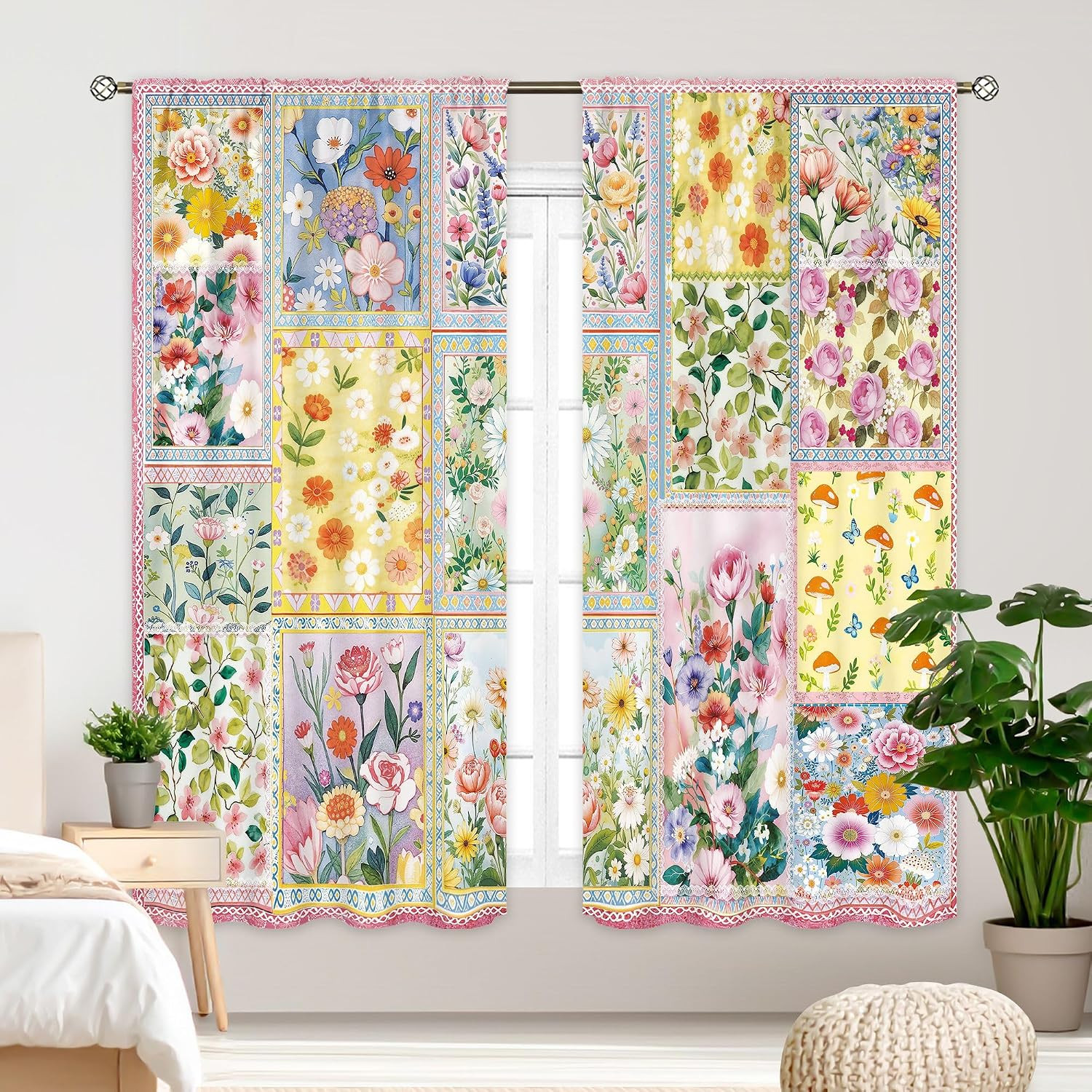 Pink Floral Patchwork Curtains 42Wx63H Inch Rod Pocket Vintage Country Bohemian