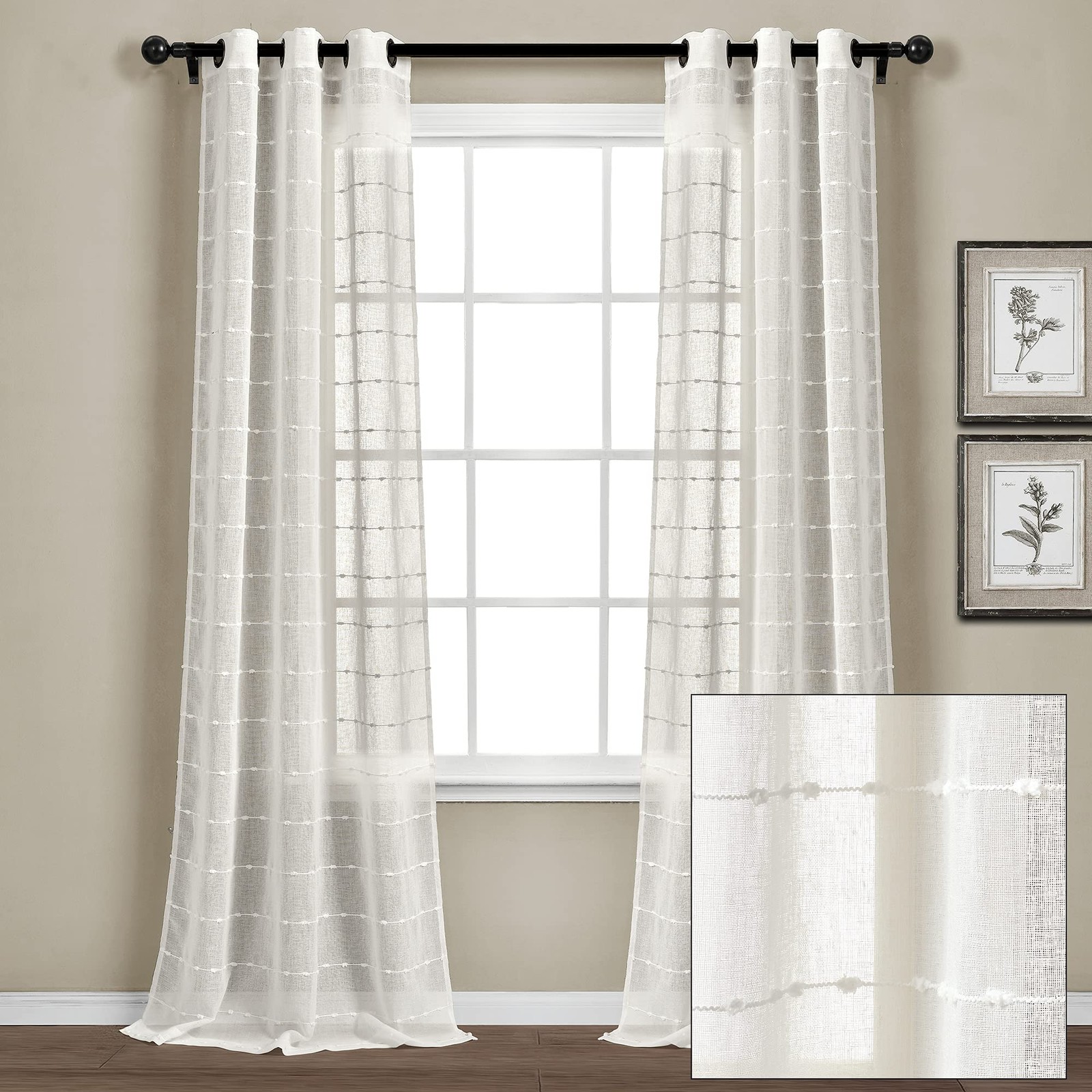 Lush Decor Farmhouse Textured Grommet Sheer Window Curtain Panel Pair 38W X