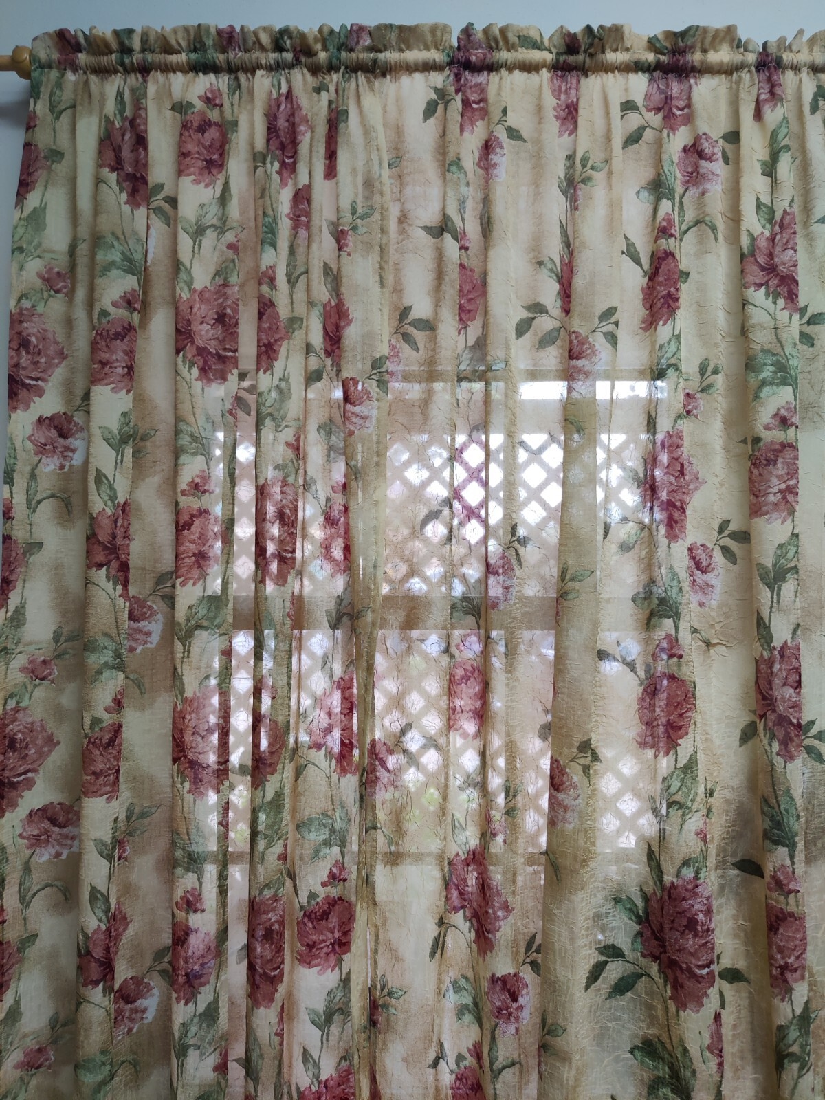 3 Sheer curtain panels 53″ X 88″ Red Floral