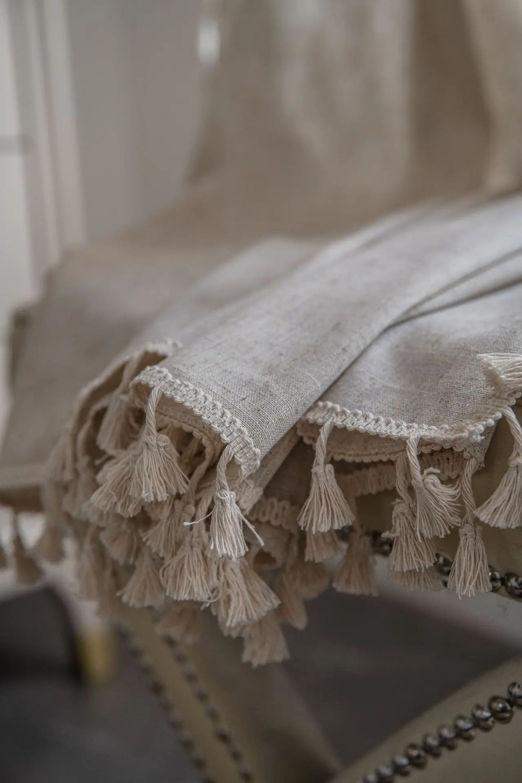 Linen Semi Blackout Curtain 1 Panel Handmade Cotton Burlap Stitching Lace Tassel