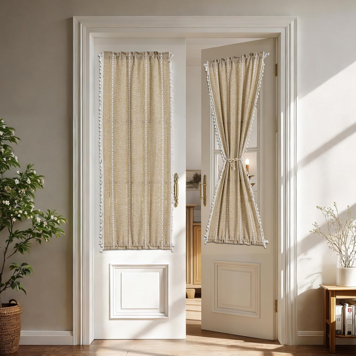 Natural French Door Curtains 72 Inches Long for Front Door Glass & Sidelights, F